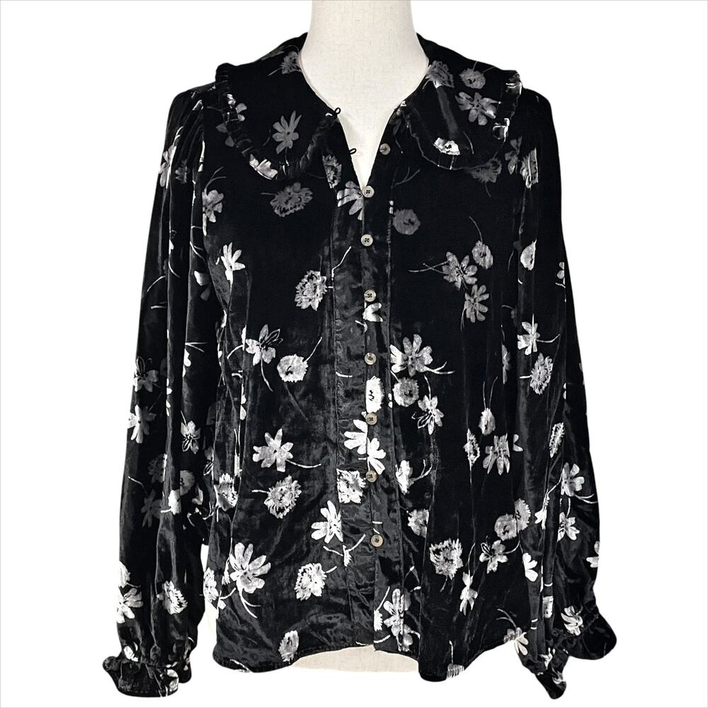 ANTHROPOLOGIE PILCRO Keira Collared Button-Front Long-Sleeve Velvet Blouse Sz M
